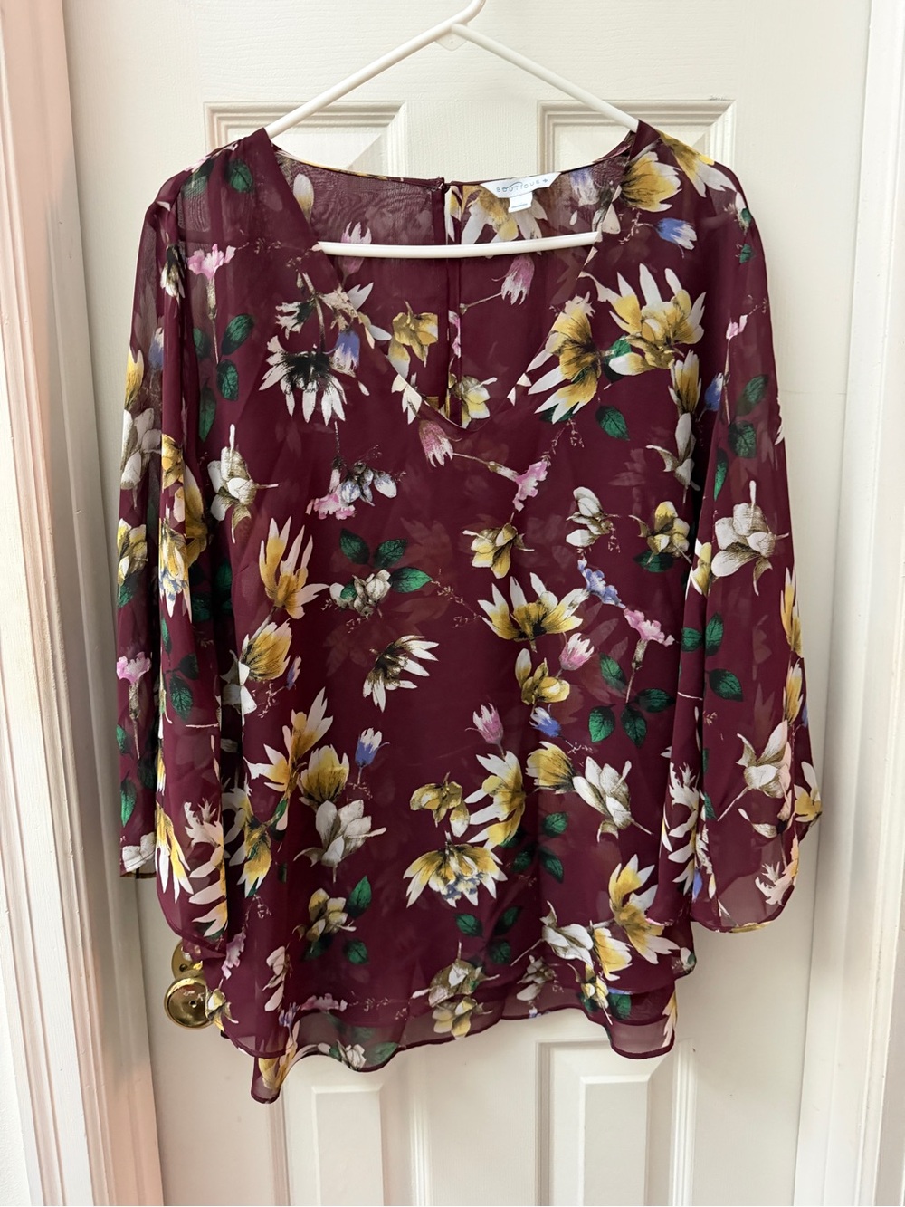 Floral V-Neck Blouse in Burgundy